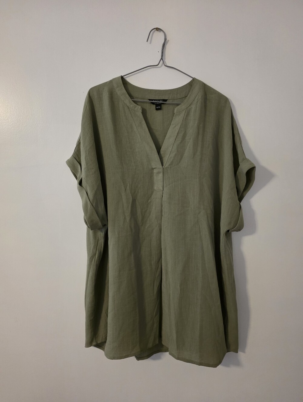 Olive green V-neck short-sleeve tunic blouse, Rachel Rachel Roy